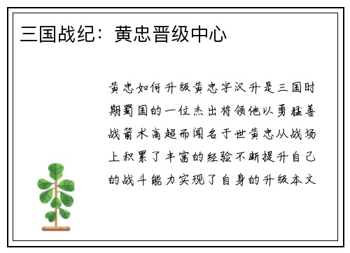 三国战纪：黄忠晋级中心
